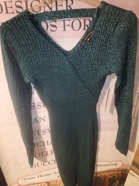 Almost Famous Sparkle Ribbed Wrap-Front Teal Dress